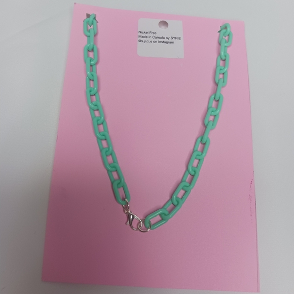 Plastic Mint/Aqua Link Necklace with Silver Spider Web with Spider Pendant. - Picture 3 of 3